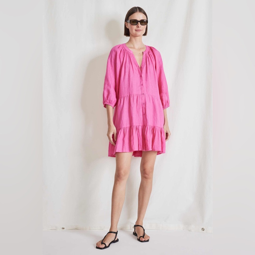 Apiece Apart Bright Pink Tiered Button-Front Mini Dress